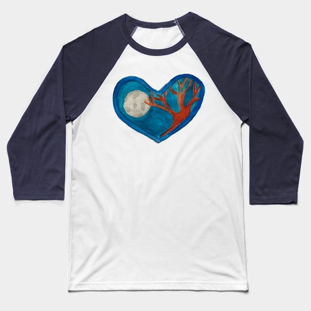 Moon with Tree Heart Baseball T-Shirt by LuvbuzzArt